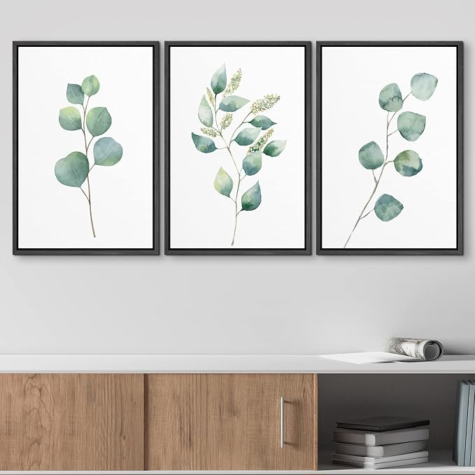 wall26 Canvas Print Wall Art Set Green Watercolor Forest Leaf Collage Nature Floral Illustrations Realism Rustic Scenic Colorful Wilderness for Living Room, Bedroom, Office - 24"x36"x3 Black