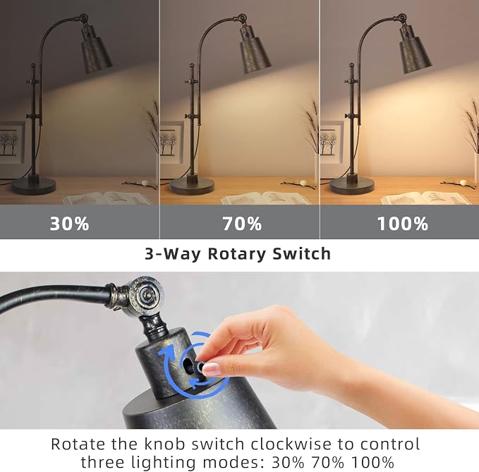 LALISU Metal Desk Lamp Rustic Task Lamp Black Adjustable, Industrial Style Lamp with On/Off Switch, Vintage Work Reading Lamp for Bedroom, Study Room &Office, ETL Certificate. (Black)