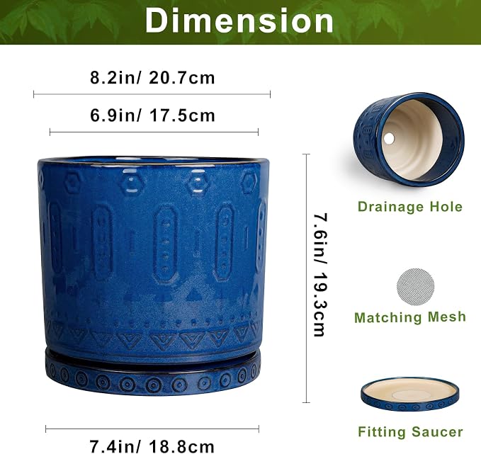 Eightpot 8 Inch Planter, Ceramic Plant Pots with Drainage Hole and Tray, Round Flower Pots for Indoor Plants Outdoor, Boho Planter, Decorative Pot for Plants, Plant Lover Gifts, House Decor, Blue