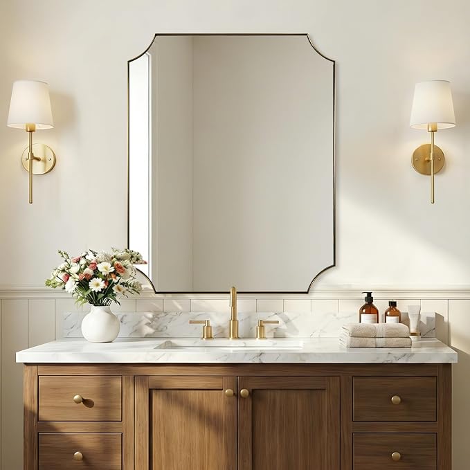 ANDY STAR 24x30 Inch Gold Mirror, Bathroom Vanity Mirrors, Antique Champagne Bronze Mirror with Rusprooft Stainless Steel Thin Frame, Aesthetic Scalloped Corners, Designed for Bathroom Remodel
