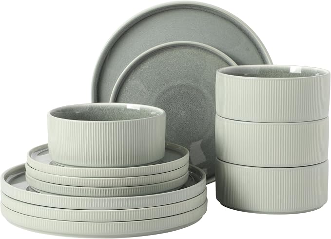 Gibson Elite Redrock Canyon 12-Piece New Bone China Dinnerware Set Service for 4, Reactive Glaze Plates and Bowls, Dishwasher and Microwave Safe, Sage Green