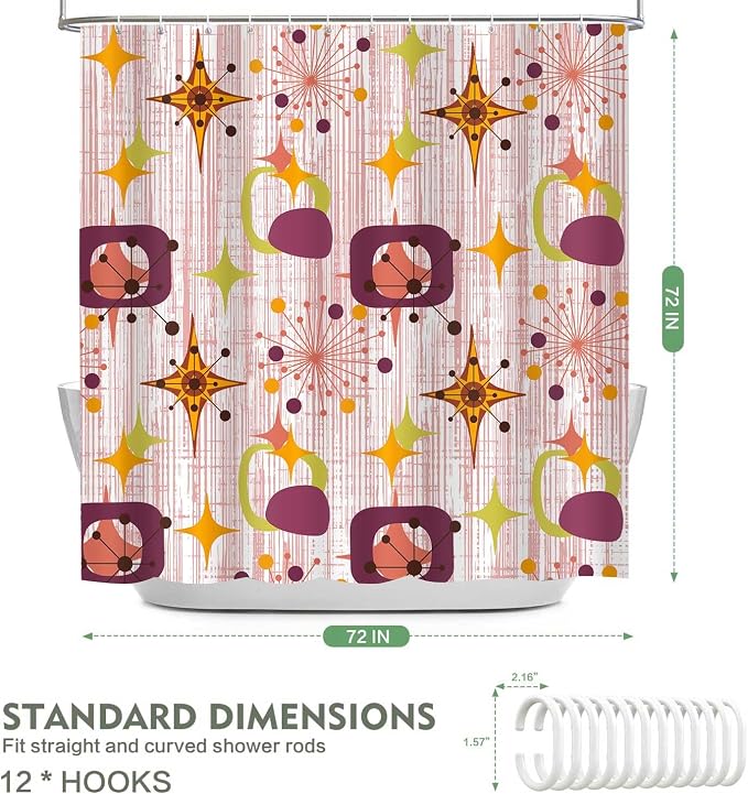 Mid Century Shower Curtain, 60x72inch, Modern Abstract Retro Red Striped Geometric Shower Curtain Sets 1950s Boho Bathroom Shower Curtain with 10 Hooks