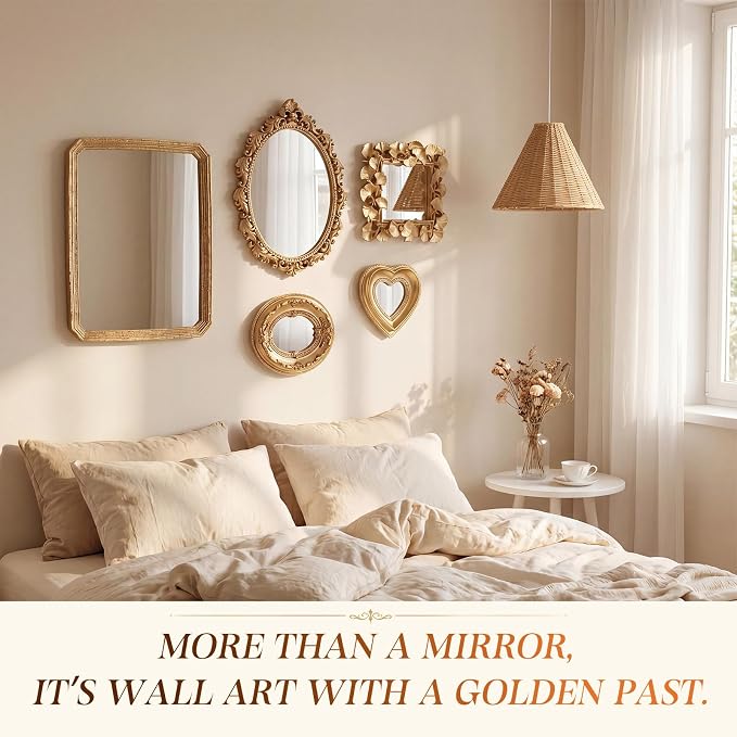 5 Pcs Vintage Gold Mirror Luxury Set Small Gold Mirrors Gallery Wall Mirror Hanging Antique Art Decor for Wall Living Room Entryway Assorted Sizes (11in/8in/6in/4in,Cute Style)
