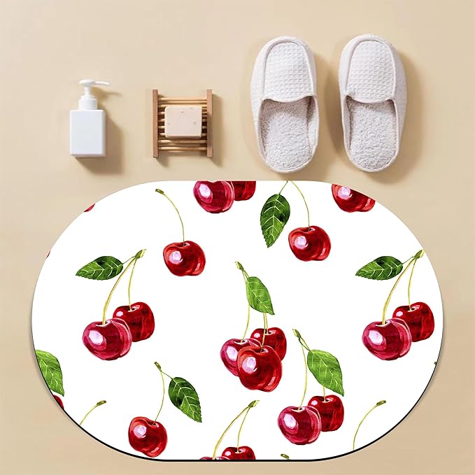 Bathroom Rug Mat Watercolor Red Cherry Oval Bath Mat Doormat Absorbent Quick Dry Non Slip Diatom Mud Mat for Shower Tub Sink Laundry Kitchen Doorway 23.6x15.7 Inches