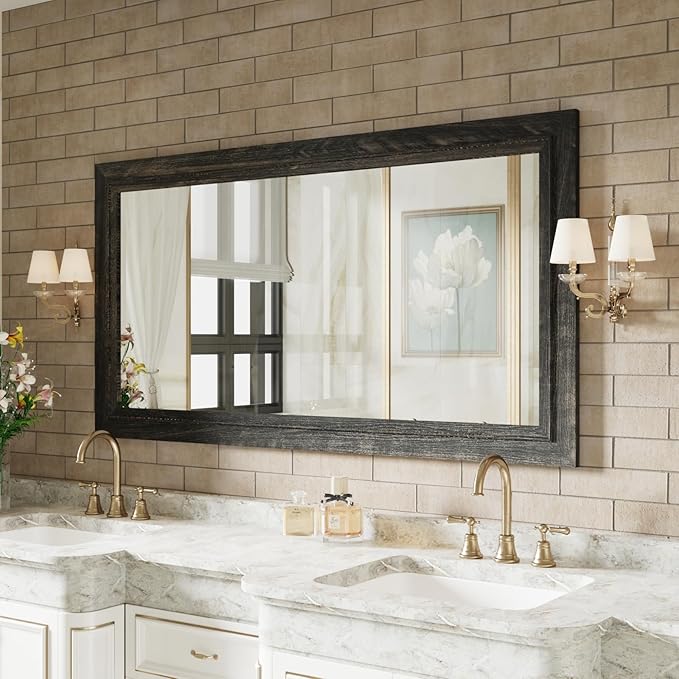 Rustic Wall-Mounted Vanity Mirror, Solid Wood Frame Bathroom Mirror, Farmhouse Style for Living Room, Bedroom, Entryway, Horizontal/Vertical Hanging