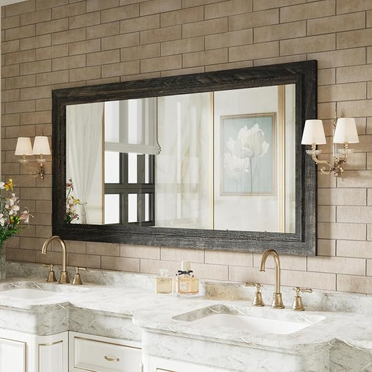 Rustic Wall-Mounted Vanity Mirror, Solid Wood Frame Bathroom Mirror, Farmhouse Style for Living Room, Bedroom, Entryway, Horizontal/Vertical Hanging