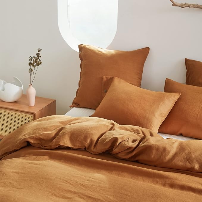 Simple&Opulence 100% Linen Duvet Cover Set 3pcs with Coconut Button Closure Natural French Washed Flax Solid Color Soft Breathable Farmhouse Bedding - Rust, Full Size