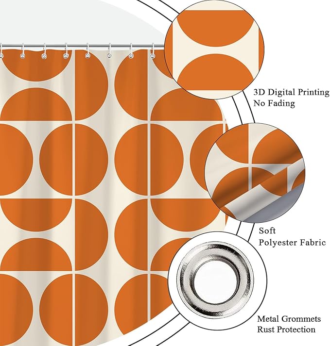 Orange Mid Century Modern Shower Curtain, Boho Abstract Geometric Retro Art Bath Curtains For Bathroom, Colorful Unique Pattern Waterproof Polyester Fabric Bathroom Accessories Set 12 Hooks 60X72IN