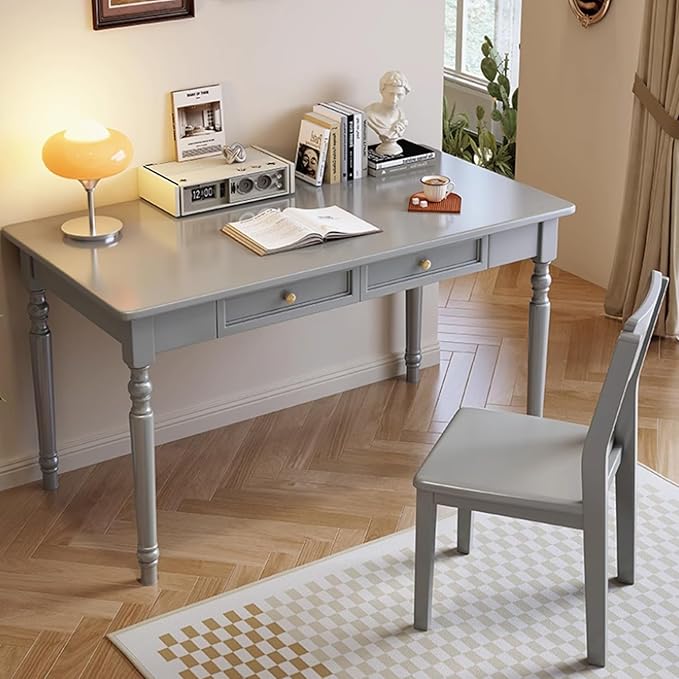 Mid Century Modern Desk, Rubber Wood Desks with Drawers, Solid Wood Computer Workstation with Carved Legs, Simple Style Writing Table (Gray, 31.5 * 23.6 * 29.5in)