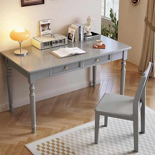 Mid Century Modern Desk, Rubber Wood Desks with Drawers, Solid Wood Computer Workstation with Carved Legs, Simple Style Writing Table (Gray, 47.2 * 23.6 * 29.5in)