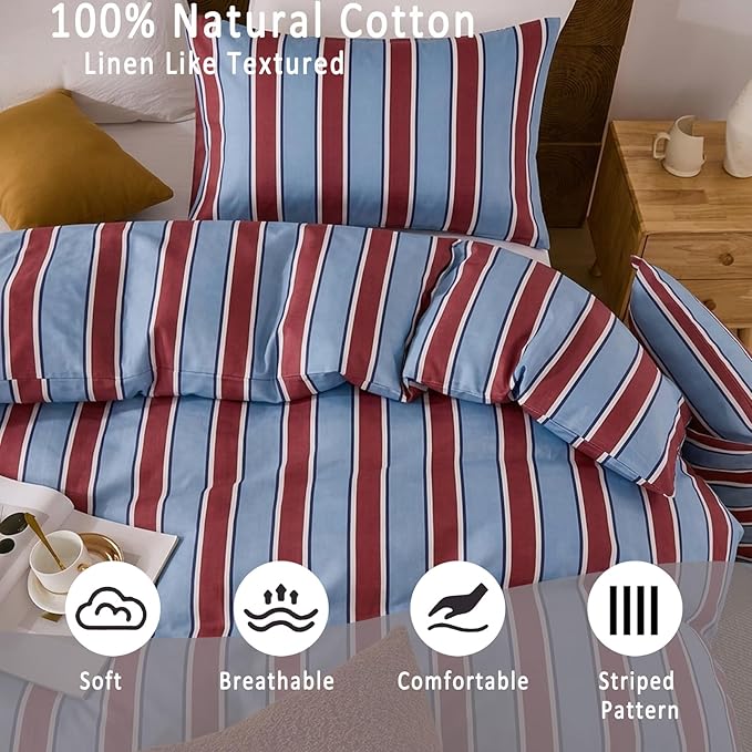 Merryword Burgundy and Blue Striped Duvet Cover Set King Size, 100% Cotton Bedding Set with Zipper Closure & 8 Corner Ties, Awning Stripe Bedding, Soft Breathable Comforter Cover for All Seasons