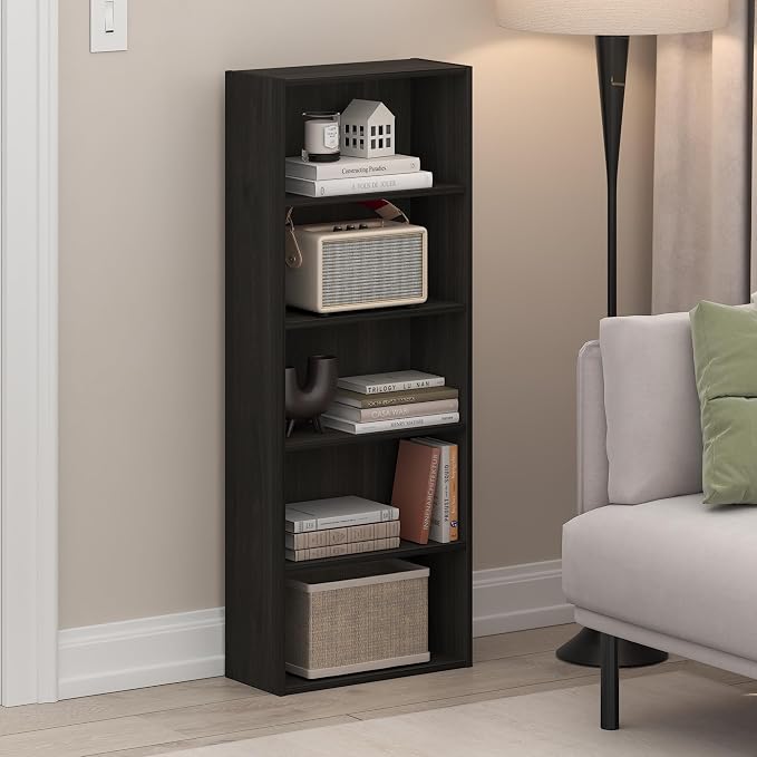 Furinno Basic Book Shelf, 5-Tier Bookshelf, Storage Organizer Bookcase with Open Shelf, 7 x 17 x 44, for Living Room, Bedroom, Home Office, Espresso