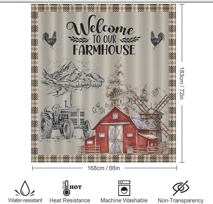 Farmhouse Animal Cabin Shower Curtains Rustic Plaid Buffalo Barn Rooster Waterproof Shower Curtains for Bathroom Decor 12 Pack Hooks 66x72in（168x183cm）