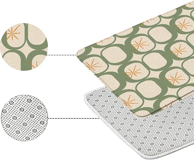 Mid Century Modern Bath Mat Abstract Atomic Geometric Retro 1950s Sage Green Bathroom Kitchen Toilet Rugs,24x48 Inch