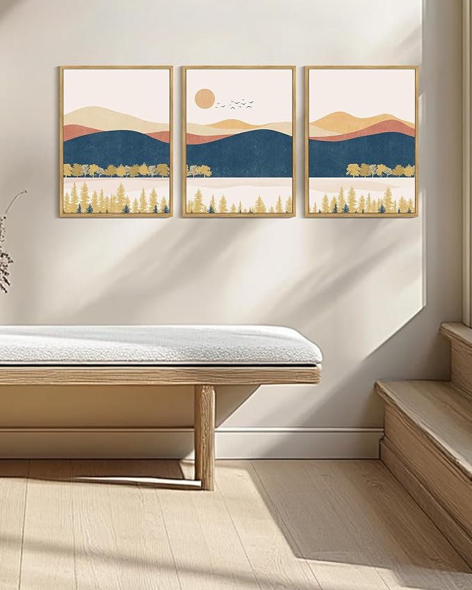 KUVIOKE Bohemain Mountain Landscape Framed Canvas Wall Art Watercolor Nature Artwork Painting Boho Farmhouse Rustic Room Decor for Bedroom Living Room 12x16in (Natural Framed)