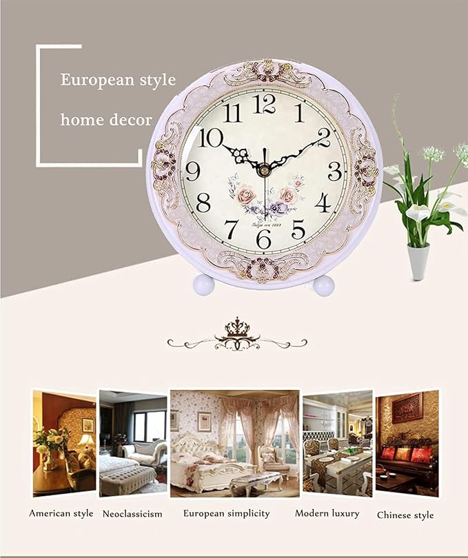 Justup Vintage Wooden Table Clock, Retro Non-Ticking European Style Beside Mantle Desk Clock Battery Operated Silent Quartz Movement for Bedroom Living Room Indoor Decor (White-Rose)