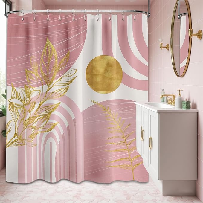 Blush Pink and Gold Shower Curtain Boho Mid Century Light Pink and White Shower Curtains for Bathroom Decor, Waterproof Cloth Fabric with Hooks, 60" W x 72" L