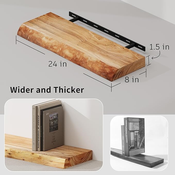 SAUMONIERES Live Edge Floating Shelves for Bedroom Living Room Wall Mounted Storage Long Natural Elm Wood Shelf Large Heavy Duty 8 Inch Deep, 24 inch Set of 2 Narutal Floating Shelves