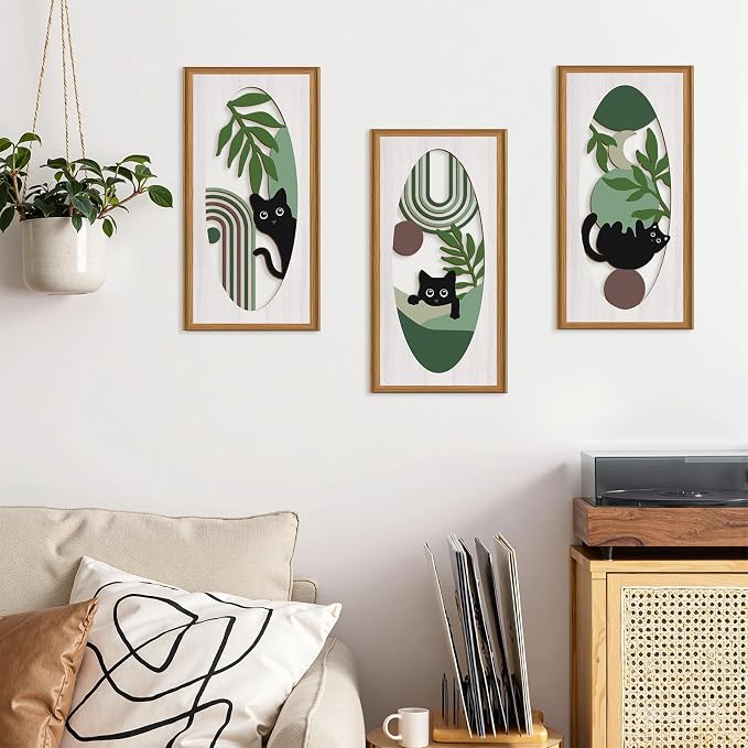 Celestdeco Boho Black Cat Wall Decor,Green Boho Wall Art,Mid Century Modern Decor Kitty,Abstract Geometric Line Artwork Cats,Green Plants Bohemian Botanical Cat Wood Art for Home Bedroom Living Room