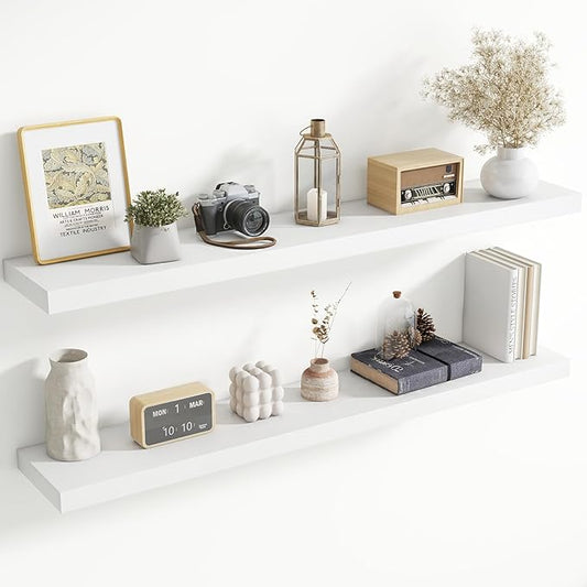 55 Inch Floating Shelves for Wall, 8 Inch Deep Floating Shelf for Storage & Display, Rustic Wall Mounted Shelf with Invisible Brackets for Living Room, Kitchen, Bathroom, Home Decor, Set of 2, White
