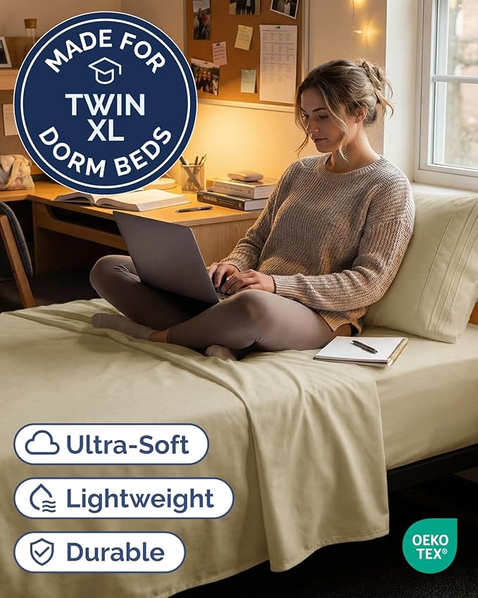 Twin XL Size 3 Piece Sheet Set - Comfy Breathable & Cooling Sheets - Hotel Luxury Bed Sheets for Women & Men - Deep Pockets, Easy-Fit, Extra Soft & Wrinkle Free Sheets - Beige Oeko-Tex Bed Sheet Set