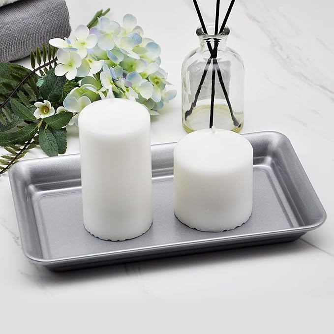 Vintage Farmhouse Decor Metal Vanity Tray, 2 Pack Countertop Guest Hand Towel Storage Organizer Tray Dispenser, Sturdy Holder for Perfume,Cosmetics, Jewelry, Makeup Bathroom Organizer -Stainless Steel