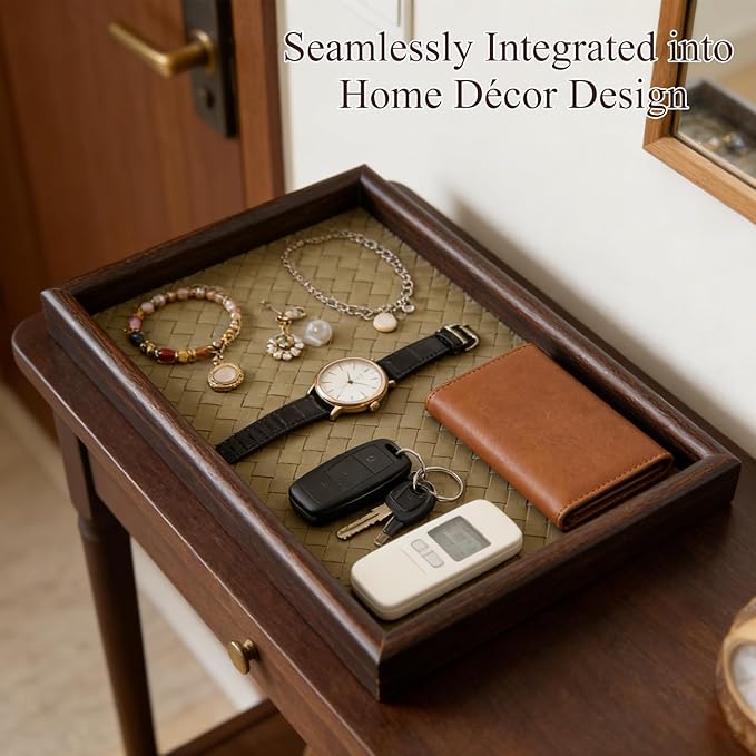 11.8x7.9 Desk Organizer Tray Wooden Storage with Leather Base, Versatile Tray Table for Nightstand Entryway Vanity Desktop(Green)