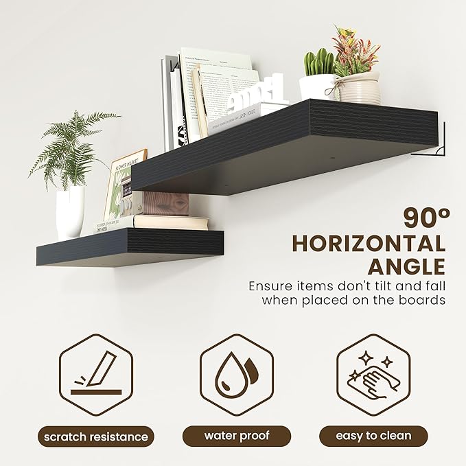 Deep Floating Shelves | 40 Inch Black Floating Shelves Set of 2 | 12 Inch Deep Wood Wall Shelves | 40" W x 12" D Black Shelves for Bathroom Living Room Kitchen Laundry Room