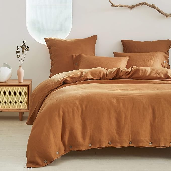 Simple&Opulence 100% Linen Duvet Cover Set 3pcs with Coconut Button Closure Natural French Washed Flax Solid Color Soft Breathable Farmhouse Bedding - Rust, Queen Size