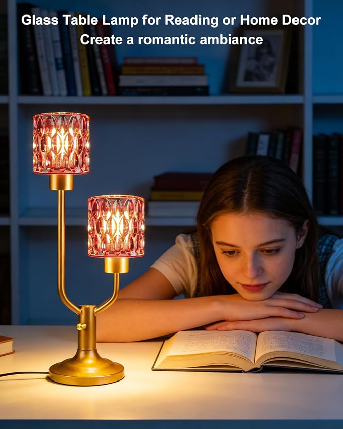 Lightdot Mid Century Modern Table Lamp Dimmable Nightstand Lamp Red Glass Vintage Gold Desk Lamp 2 Bulbs Included Warmwhite Ambient Bedside Lamps for Living Room Bedroom Girls Room Home Office Decor