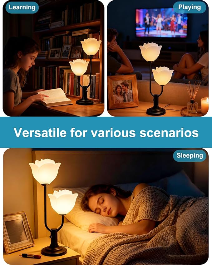 Lightdot Women Bedside Table Lamps for Bedroom, 2-Light Cute Flower Desk Lamp with G9 LED Bulbs, 0-100% Stepless Dimmable Black Nightstand Lamp, Floral Lamp for Living Room, Home Office,Reading