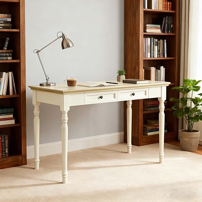 Beige Writing Desks with Drawers, 47" Solid Wood French Country Style Computer Table for Home Office, Living Room Study or Workspace