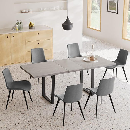 ZckyCine Modern Wooden Dining Table Set 6-Person Extendable 63"-79" Kitchen Table Set with 6 PU Leather Chairs | Space-Saving Expandable Design & Easy Assembly | Dining Room Furniture for Modern Homes