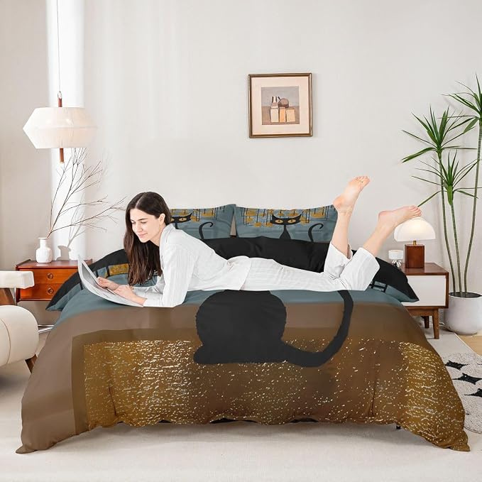 Erosebridal Black Cat Duvet Cover King Abstract Minimalist Geometric Bedding Set Modern Aesthetic Comforter Cover for Kids Girls Boys Adults Cartoon Animals Bed Set