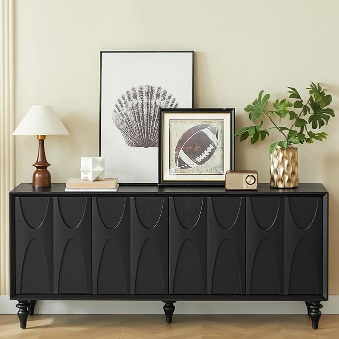 LKTART 62.99" Sideboard Buffet Cabinet with Storage, Solid Wood Kitchen Storage Cabinet Credenza Accent Console Table with Solid Wood Roman Legs Dovetail Door Trim Panel Ash Veneer,Black
