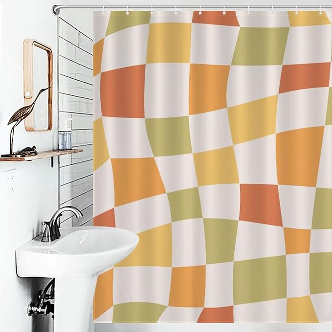 Checkered Shower Curtain for Bathroom, Retro 70s Funky Hippie Aesthetic Groovy Plaid Modern Checkboard Colorful Swirl Pastel Waterproof Fabric Shower Curtain Set with Hooks, 72"x78" Inch