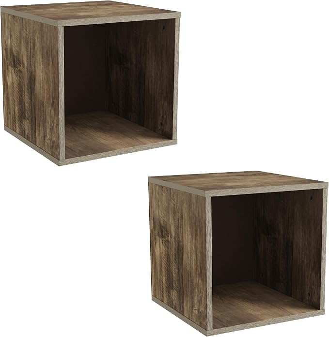 Lavish Home Cube Storage Organizer – Set of 2 Modular Stackable Bookshelf, Customizable Cube Shelf Bookcase, Nightstand or End Table for Living Room, Bedroom, Dorm (Gray Woodgrain)