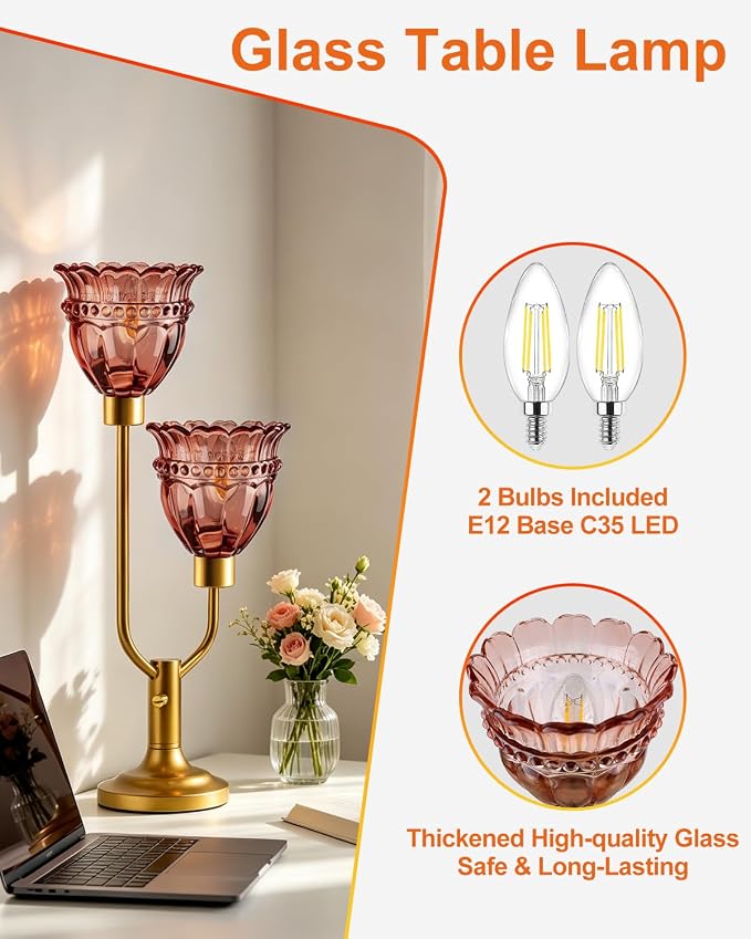 Lightdot Mid Century Modern Table Lamp Dimmable Vintage Gold Desk Lamp Red Glass Nightstand Lamp 2 Bulbs Included Warmwhite Ambient Bedside Lamps for Living Room Bedroom Girls Room Home Office Decor