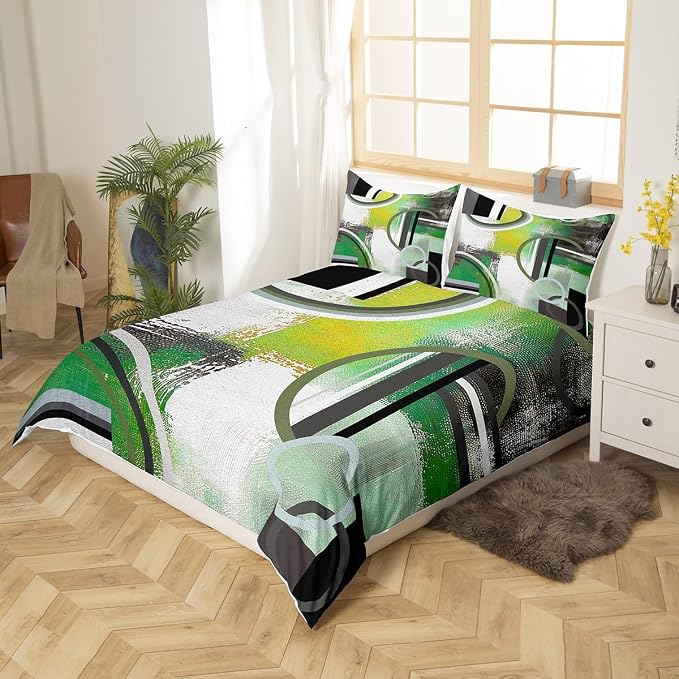 Geometric Swirls Duvet Cover King,Mint Green Brown Grey Bedding Set,Grunge Comforter Cover,Modern Watercolor Oil Painting Quilt Cover,Modern Texture Art Bedspread Cover Bedroom Decor 3 Pcs