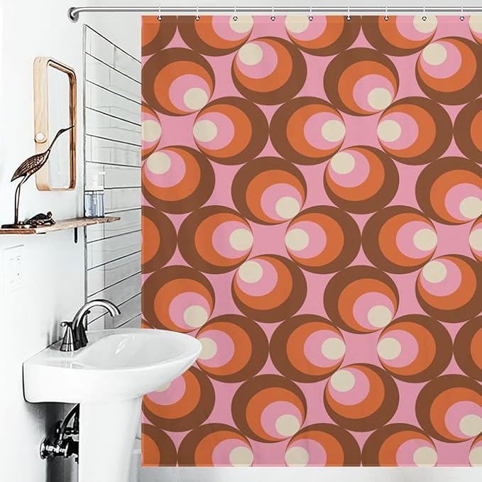 Mid Century Vintage Geometric Shower Curtains Modern Pink Rod Pocket Abstract Geometric Circular Shapes Washable Waterproof Fabric for Bathroom Decor Bathtub with 12 Hooks 72x72in (183x183cm)