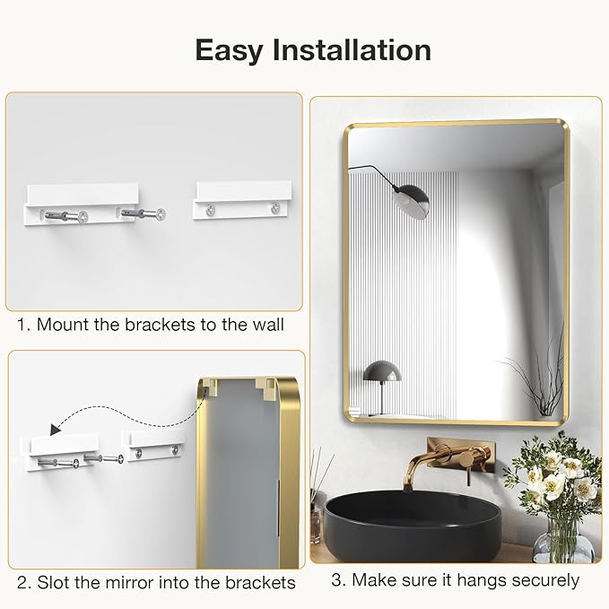 Brushed Gold Bathroom Mirror 24x32 inch, Rounded Rectangle Gold Metal Framed Vanity Wall Mirror, HD Tempered Glass, Horizontal or Vertical Hanging