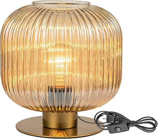 Mid Century Modern Globe Table Lamp, Amber Glass Table Lamp Vintage Bedside Lamp Gold Nightstand Lamp Ribbed Lantern Design, Small Side Table Lamps Decorative Desk Lamp for Bedroom Living Room Office