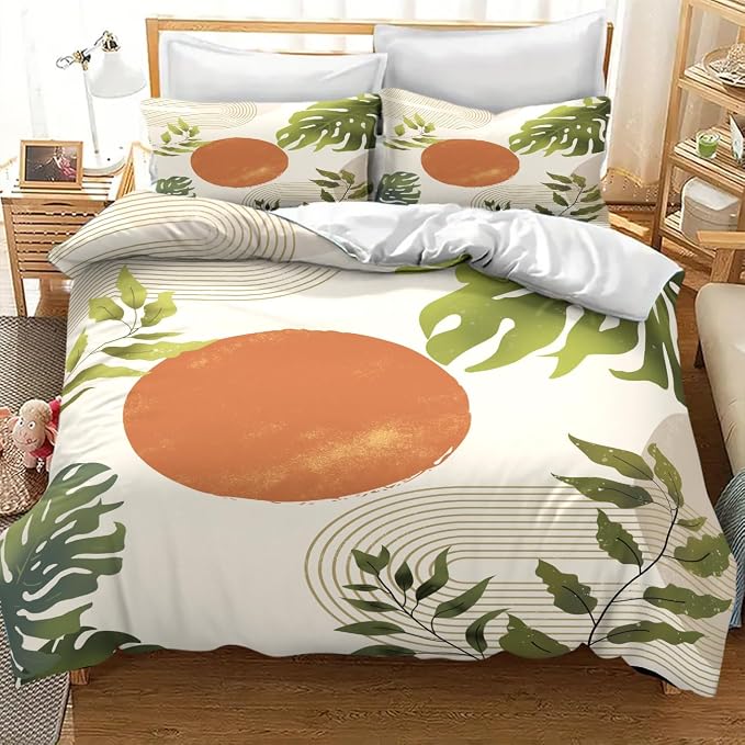 Green Leaf Bedding Set,Mid Century Tropical Plant Palm Leaves Abstract Minimalist Geometic Boho Modern Comforter Set with Pillowcase for Bedroom Bed Decor，Twin 86"x70"