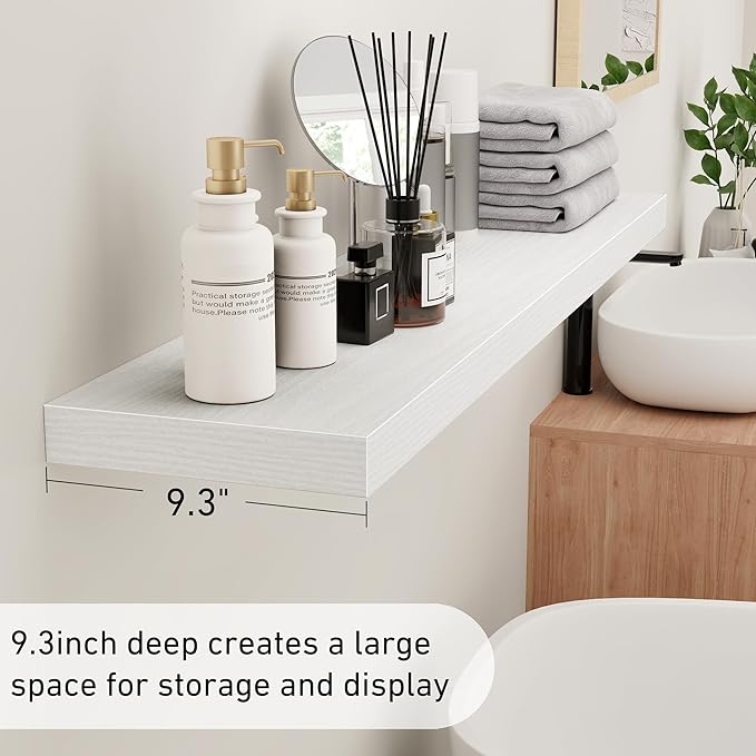Fun Memories Floating Shelves - 9.3 Inch Deep Wall Shelf for Decor & Storage - Wall Mounted Display Shelving with Invisible Heavy-Duty Metal Bracket - 48" W x 9" D x 1.6" H - Set of 1 - Rustic White