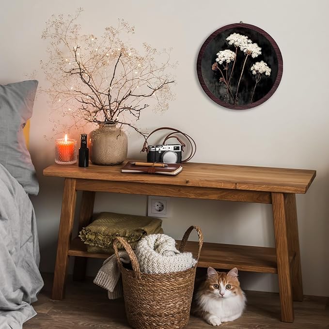 TFKFJLF Vintage White Flowers Wall Hanging Prints Frame, Dark Farmhouse Rustic Round Wooden Prints, Cottagecore Botanical Flower Wooden Walls for Home Bedroom Living Room Decor, 10x10 Inch
