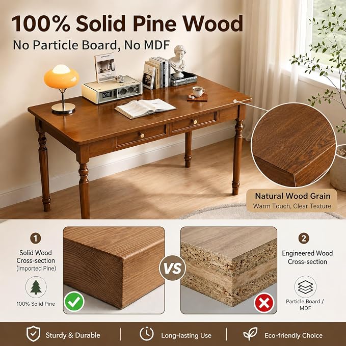 Walnut Writing Desks with Drawers, 47" Solid Wood French Country Style Computer Desk for Home Office, Living Room Study Workspace or Bedroom, Traditional Vanity Dressing Table