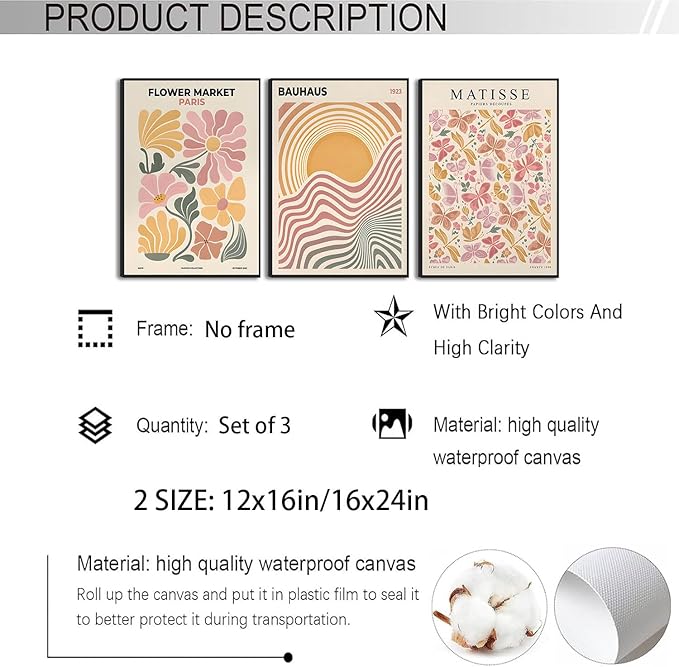 BingruiArt Boho Abstract Wall Art Yellow Canvas Flower Market Posters Set of 3 Bauhaus Pictures Matisse Print Floral Aesthetic Painting Decor for Dorm Living Room Bedroom 12"x16" Unframed