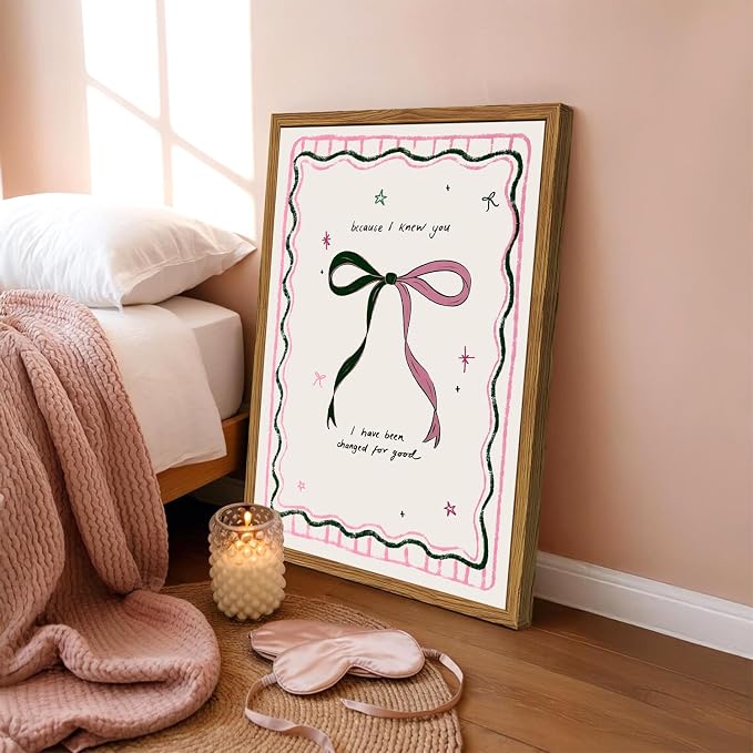Framed Pink Bow Wall Art, Coquette Preppy Canvas Wall Decor Pictures, Trendy Inspirational Quote Paintings Prints Girly Home Decor Aesthetic for Girls Room Bedroom Dorm 12x16 inch
