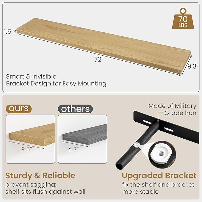 72"W x 9.3"D Floating Shelves for Wall, Wall Mounted Bathroom Shelves 1 Pack Deep Floating Shelf for Bedroom Kitchen Living Room, Rustic Wooden Wall Shelf with Invisible Bracket for Books Decor