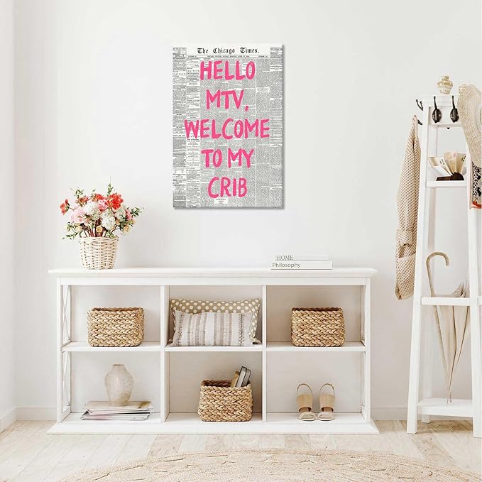 Drimiler Retro Hello Mtv Welcome To My Crib Posters Pink Font Newspaper Canvas Wall Art Positive Affirming 70'S Room Aesthetic Prints Painting For Home Bedroom Dorm Wall Decor 12x18in Wframed